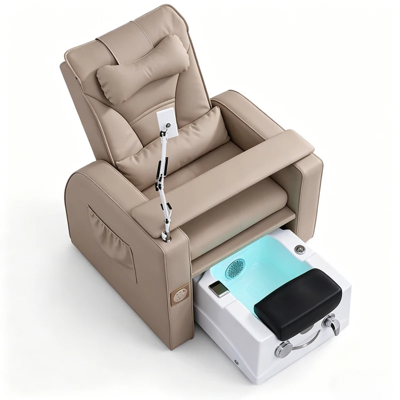 Premium Beige Split Pedicure Chair, with Phone Holder, Power Outlet and Electric Recline for Salons