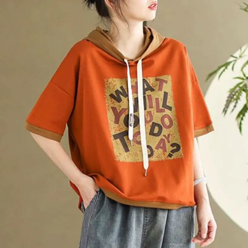 Vintage Contrasting Colors T-shirt Summer Casual Hooded Drawstring Women's Clothing Letter Printed Short Sleeve Loose Pullovers