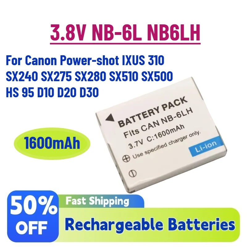 New In Stock 1600mAh 3.8V NB-6L NB6L NB6LH Battery for Canon Power-shot IXUS 310 SX240 SX275 SX280 SX510 SX500 HS 95 D10 D20 D30