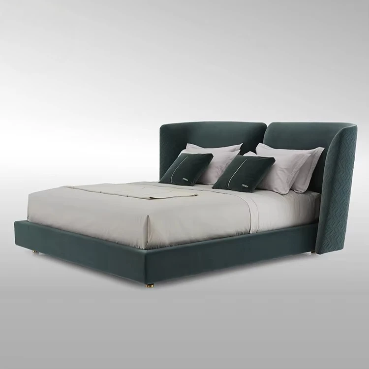 Italian Design Modern Green Velvet Wood King Size Bed Frame Luxury Hotel Villa Apartment Bedroom Furniture