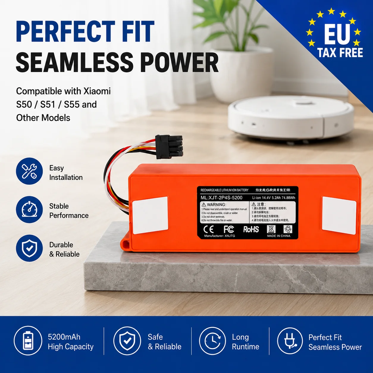 Batteria di ricambio per aspirapolvere robotico 14,4 V, modello BRR-2P4S-5200S, compatibile con Xiaomi Roborock S55, S60, S65, S50, S51, S5, 1S, 1ST MAX, S6.