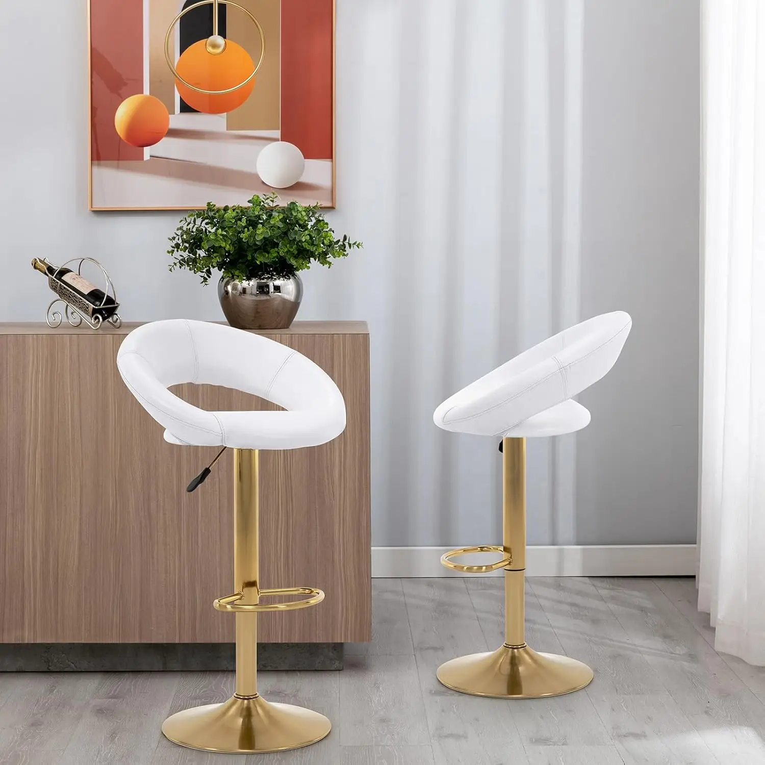 Vogue Furniture Direct Adjustable Bar Stools, Modern Cute PU Leather Swivel Barstools with Hollow Back, Airlift Counter Height