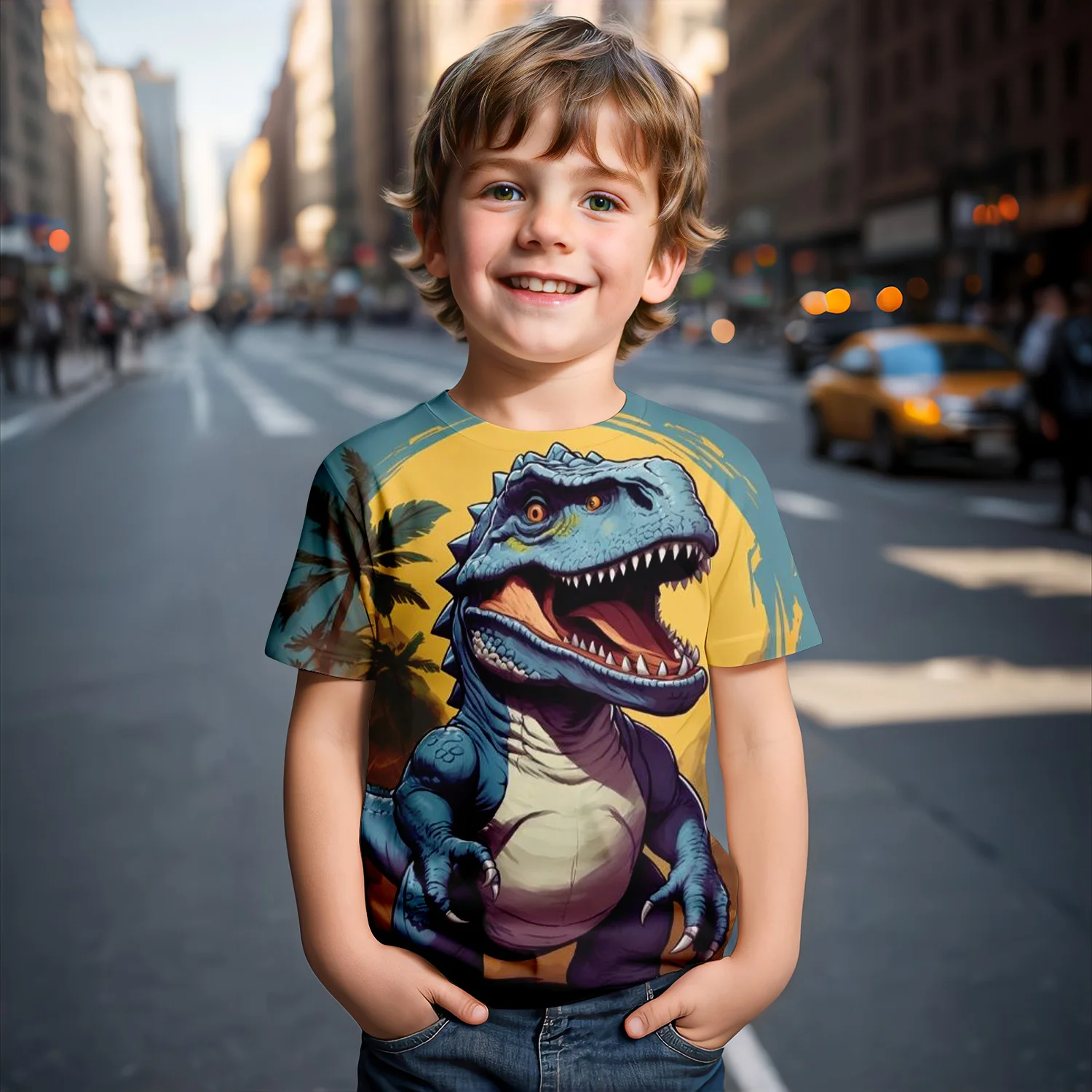 MINISO Summer Children's T-shirt Jurassic Dinosaur Tyrannosaurus Rex Game Toy Boys Short sleeved Top Clothing 3D Printed Girl