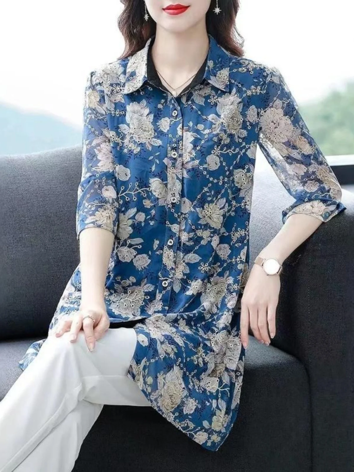 

Весна-лето 2023, новинка больших размеров, свободный женский модный шифоновый топ средней длины Materni irt Seven-Quarter Sve