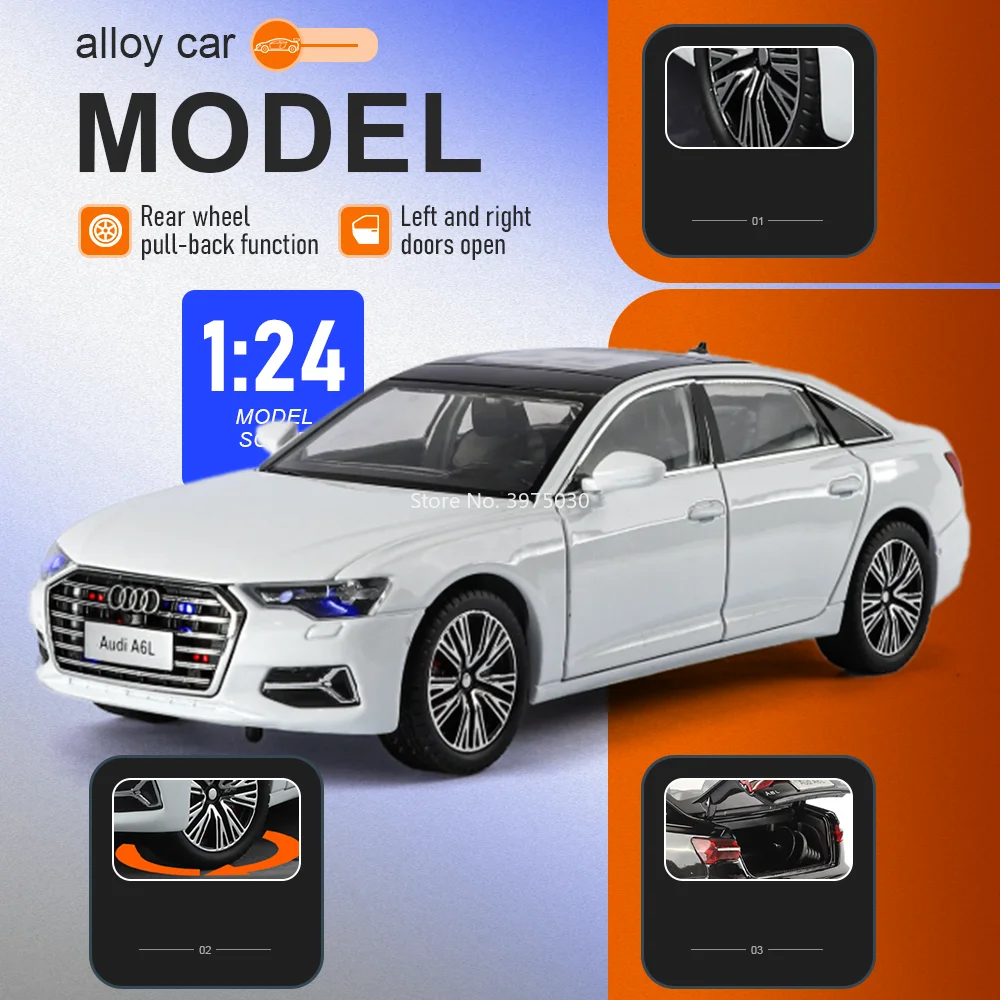 

1:24 A6L 5 Series 530Li Model Toy Miniature Diecast Alloy Car Doors Opened Pull Back Rubber Tire Cars Birthday Gifts for Brother