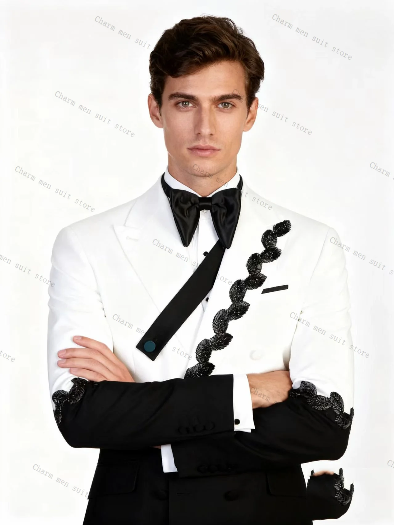 ชุดสูทผู้ชายสีขาวดำ 2 ชิ้น ประดับคริสตัล เสื้อเบลเซอร์+กางเกงขายาว ผ้าฝ้าย ชุดทักซิโด้สำหรับงานแต่งงาน ชุดทำงานทางการ ชุดเจ้าบ่าว เสื้อแจ็คเก็ต