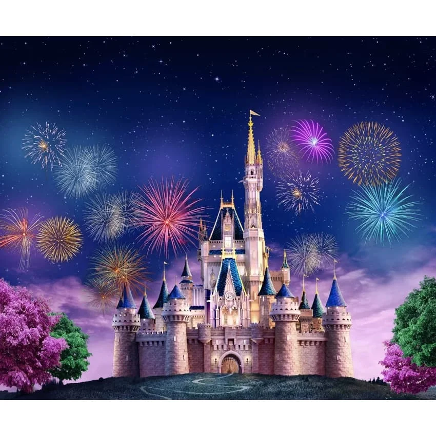 8x8FT Fairy Tale Fireworks Castle Palace Amusement Park Playground Custom Photo Background Backdrop Seamless Vinyl 240cm X 240cm