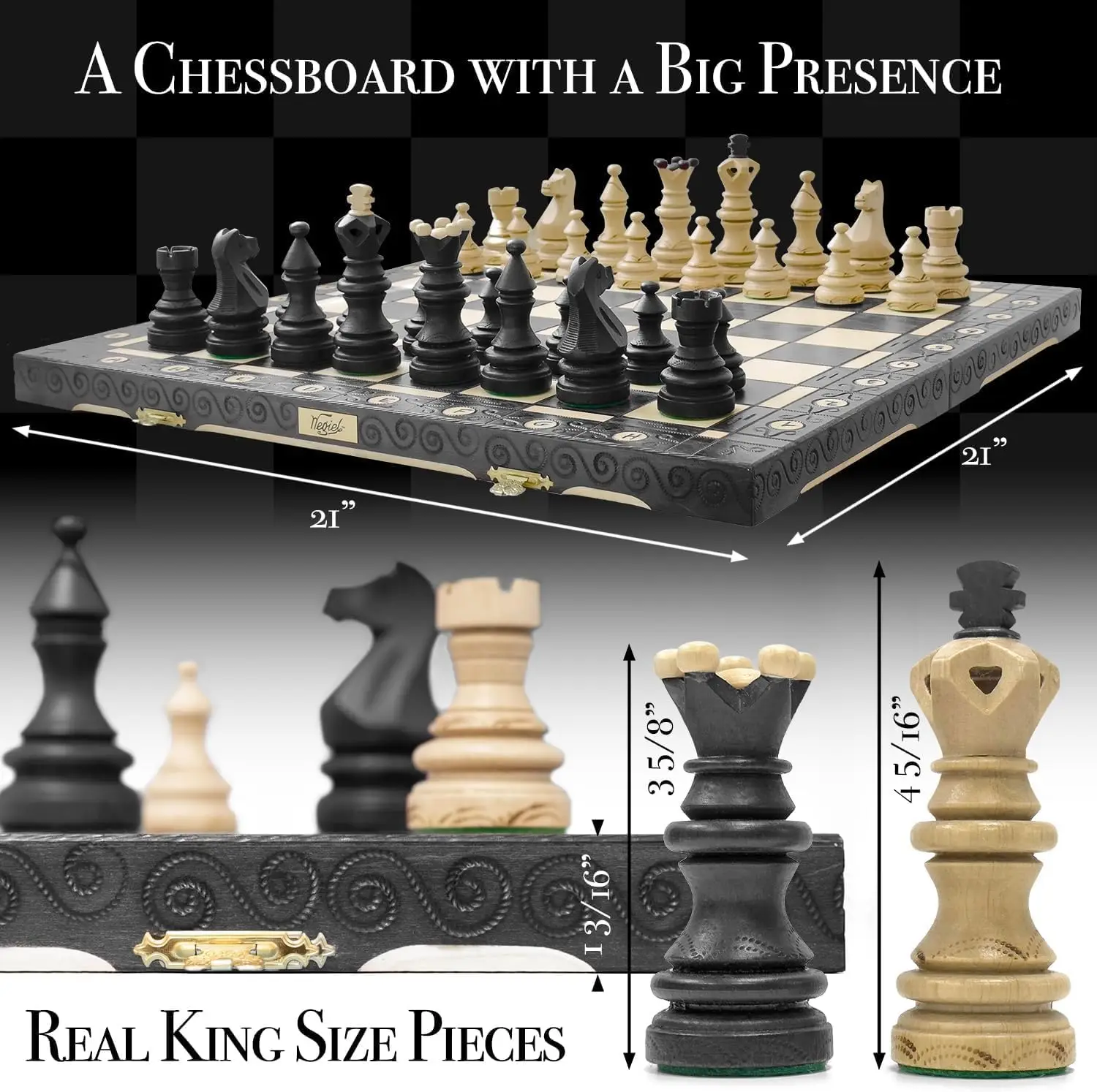 Imperator 21-Inch Luxury Wooden Chess Set for Adults and Kids - Handcrafted from Premium Beech and Birch Wood - Unique Folding D