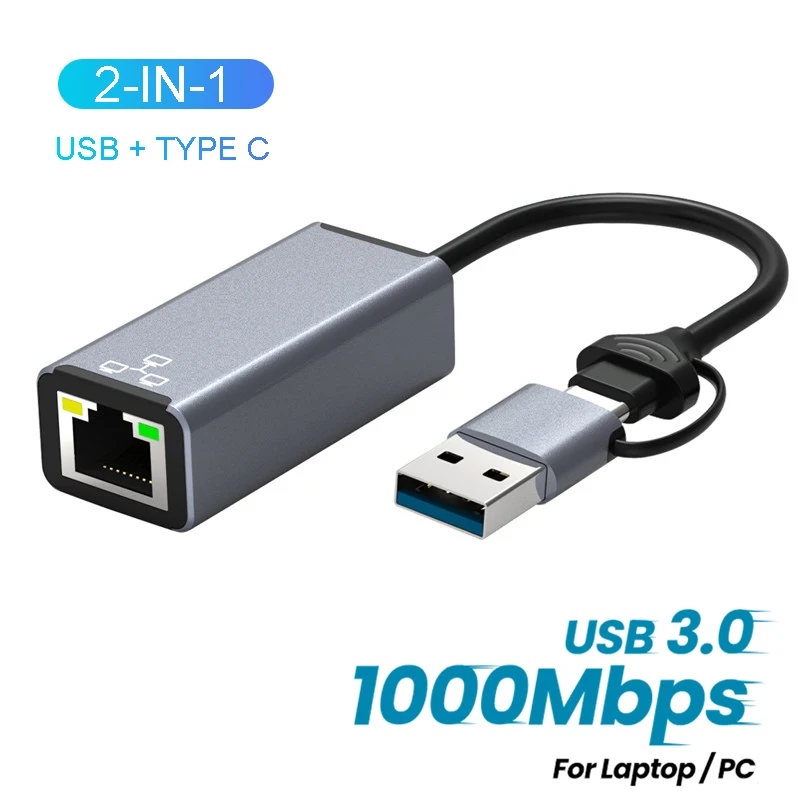 1000Mbps Wired Network Card 2-IN-1 USB 3.0 Type C to RJ45 Network Card LAN Ethernet Adapter Gigabit Ethernet Adapter For Laptop