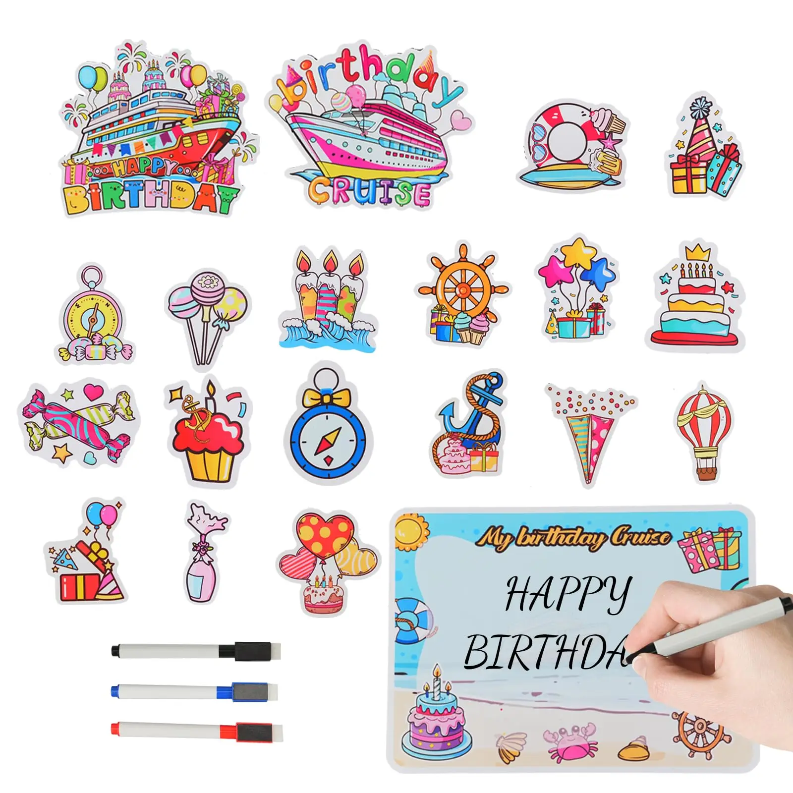 21Pcs Birthday Cruise Door Magnets Decorations Reusable Cruise Ship Magnets Magnetic for Happy Birthday Decor Refrigerator Offic
