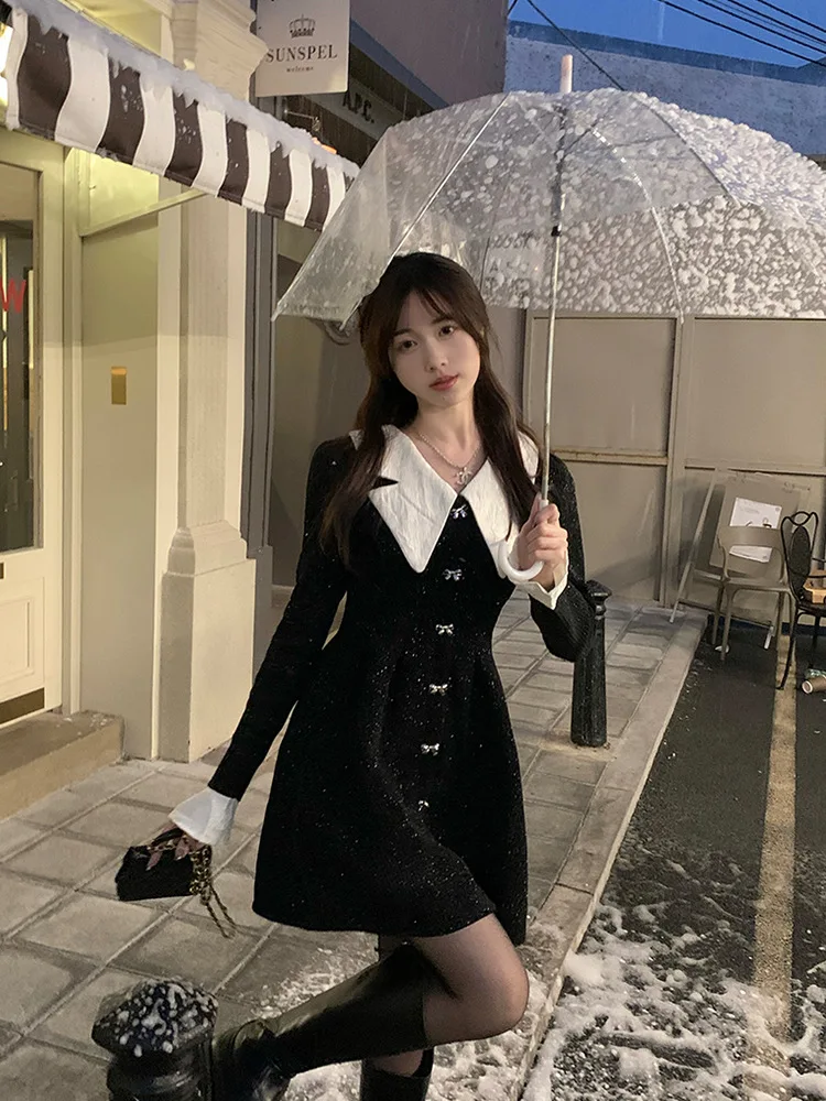 French Doll Neck Black Velvet Dress For Woman Autumn Winter Waist Tight Slim Fit Black Dress Elegant Bow Button Mini Vestidos