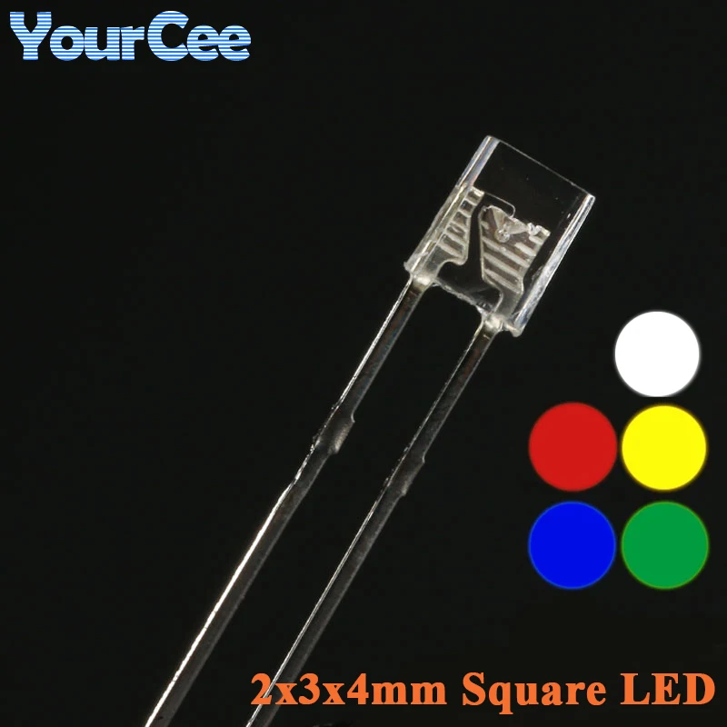 100pcs Square 2*3*4mm Ultra Bright LED Transparent Light Emitting Diode Lamp 2x3x4mm Blue Red Emerald-green Yellow White Mx