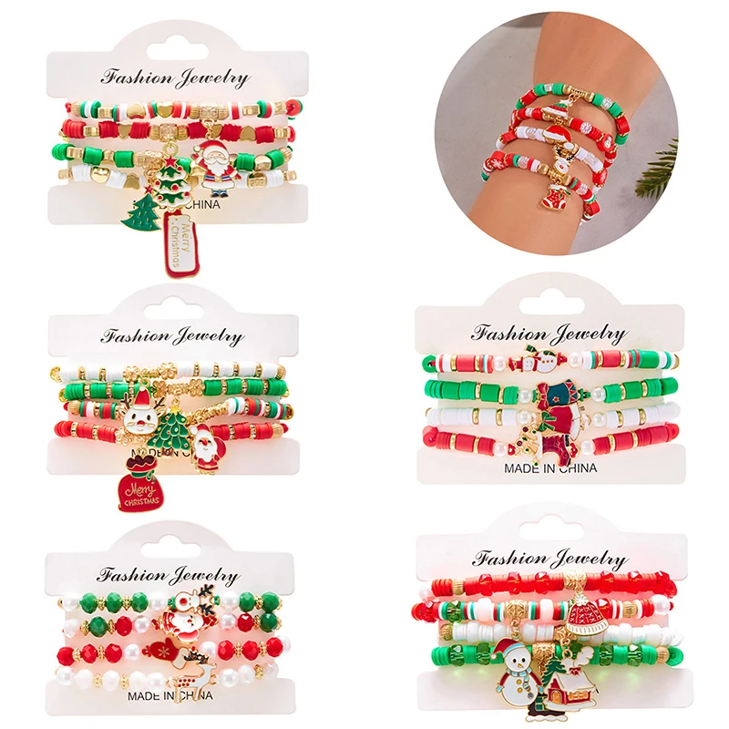 4Pcs/set Merry Christmas Tree Santa Claus Bracelet For Women Xmas Deer Polymer Clay Beads Woven Bracelet New Year Jewelry Gift