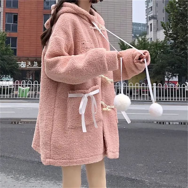 Winter Kawaii Wool Coat Women Loose Japanese Sweet Lolita Outwear Jacket Female Korean Style Pockets Warm Hoodies Overcoat 2023