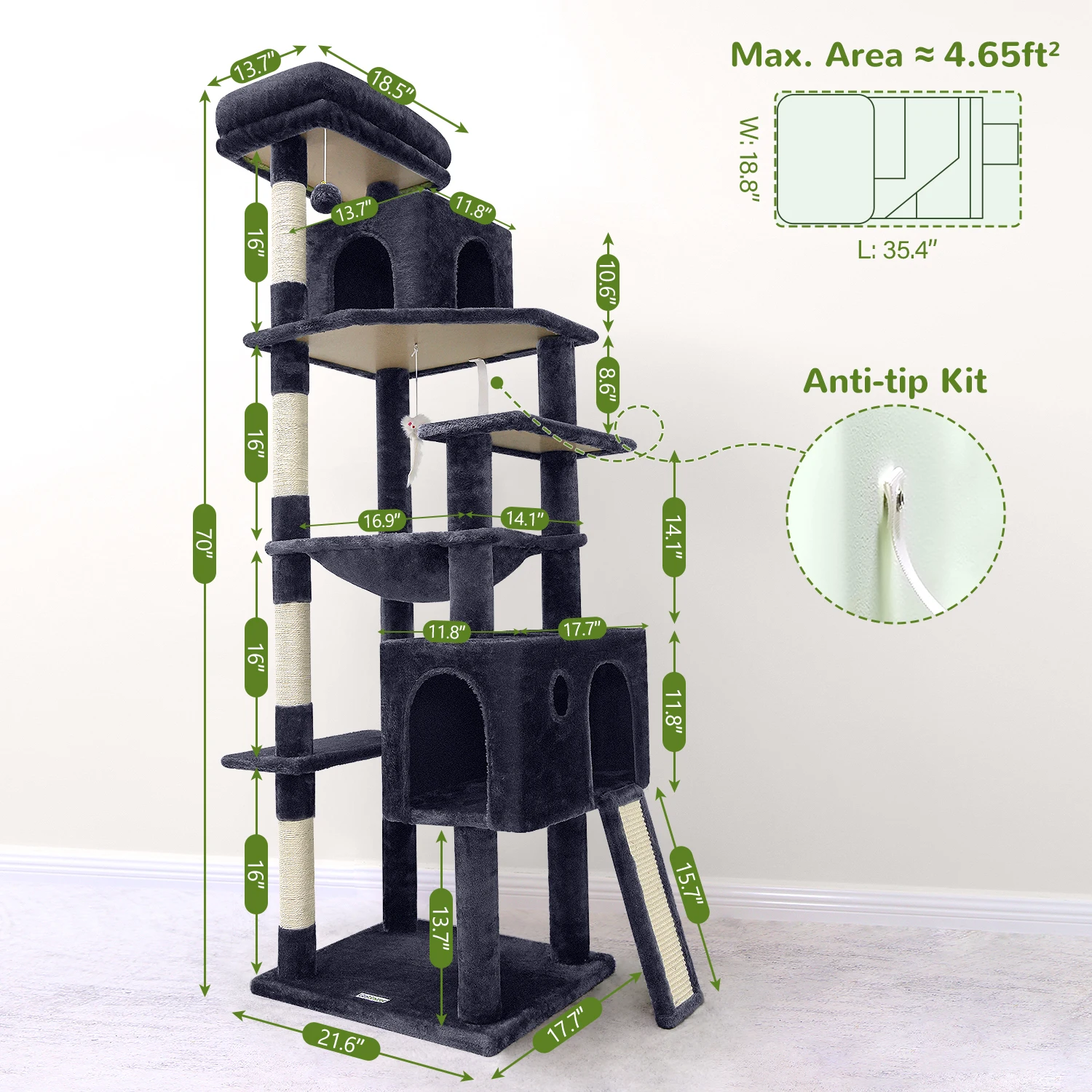 F70 Pro Heavy Duty Cat Tree, 70 inch Extra-Large Cat Tree for Indoor Cats Adult Cat Tower with Scratching Post, Hammock,