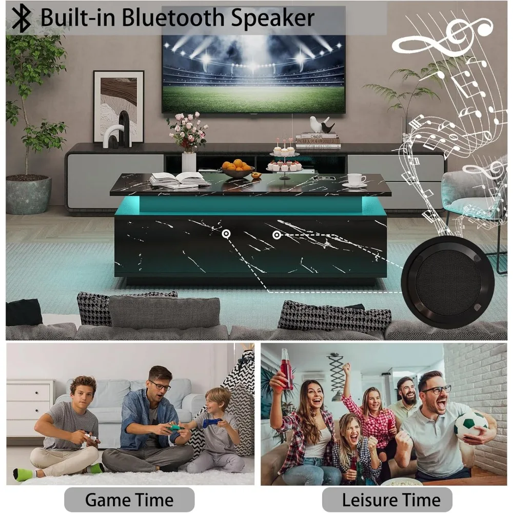 LED Coffee Table with Storage, Black Coffee Table with Wireless Charging and Speaker, High Glossy Modern Center Table with 24 Co