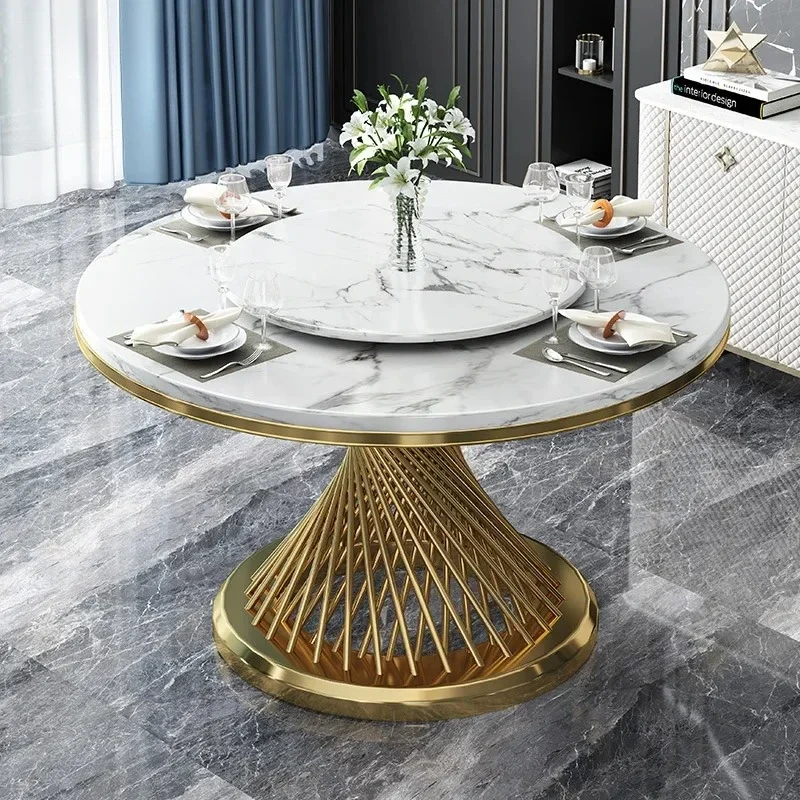 Juego de mesa de comedor redonda de lujo con diseño de losa de mármol y 6 sillas, mesa de comedor, sillas, muebles, base de acero inoxidable dorado.