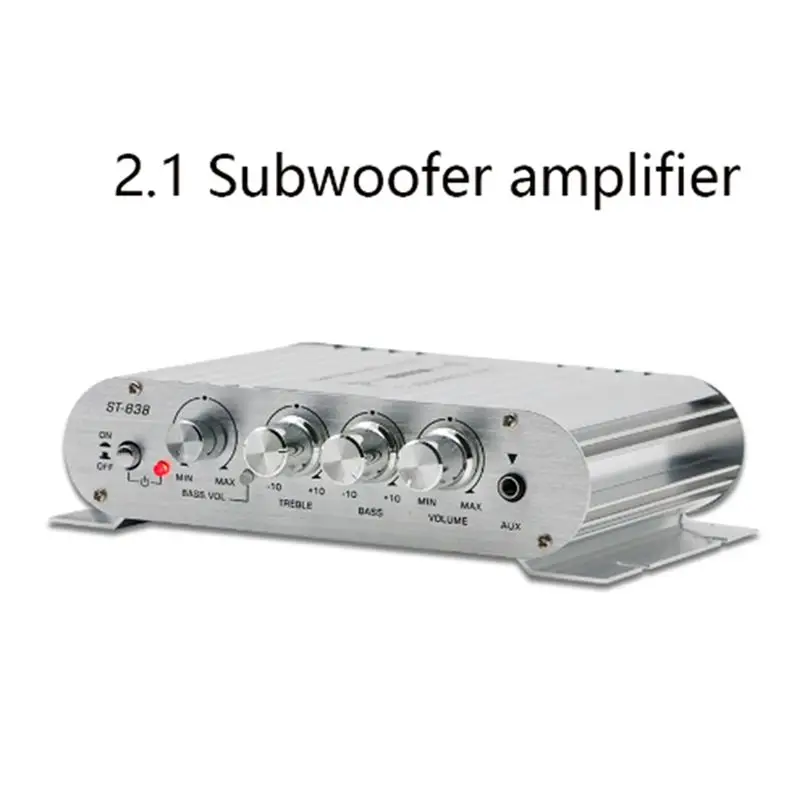 Y44A Mini Digital Power Audio Car Amplifier, Blue Light Stereo Amplifier, 200W X2 for Home Theater Club Party, Silver Durable
