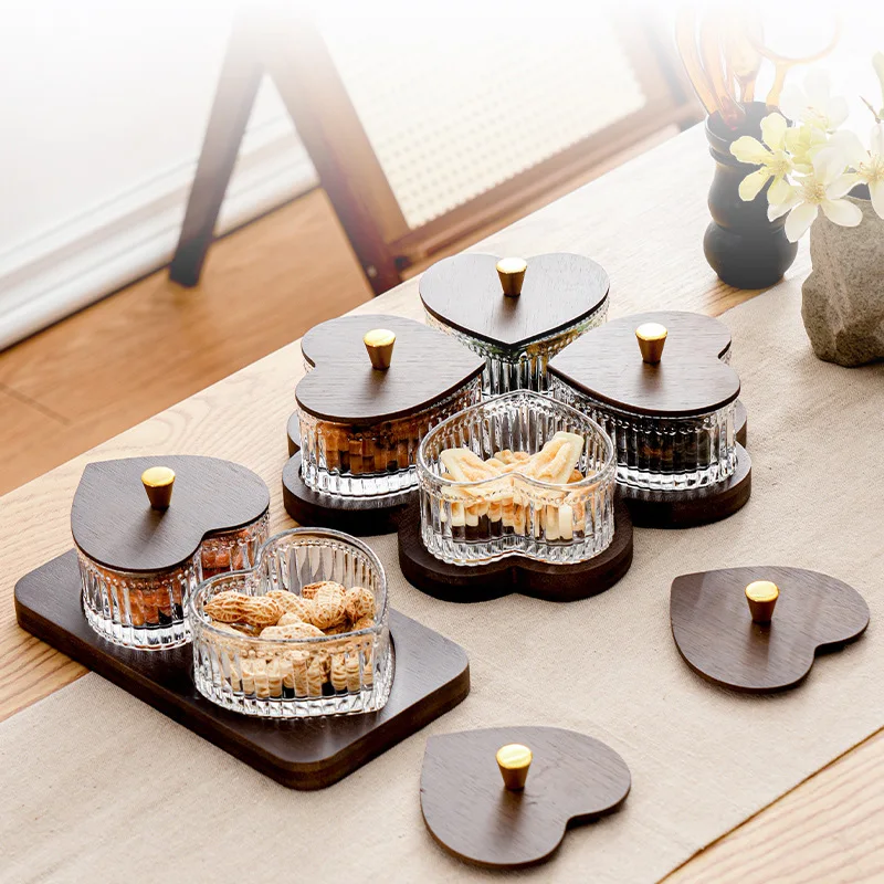 

HYS Black Walnut Fruit Plate Snack Plate Household Grid Creative Love Dried Fruit Plate Dim Sum Sugar Glass