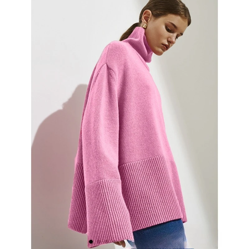 

Europe and America A New Cross-border Split Loose Knitted Pullover Solid-color High-neck Loose Women's Sweater for Autumn Winter