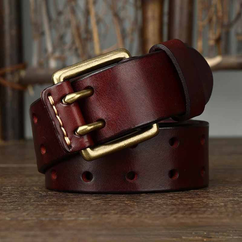 Herren Ledergürtel 3,8 cm * 105-125 cm Doppeldornschließe Gürtel Oberschicht Rindsleder Echtes Vintage Kupfer Dekor Jeans Männlicher Bund – Detail 10