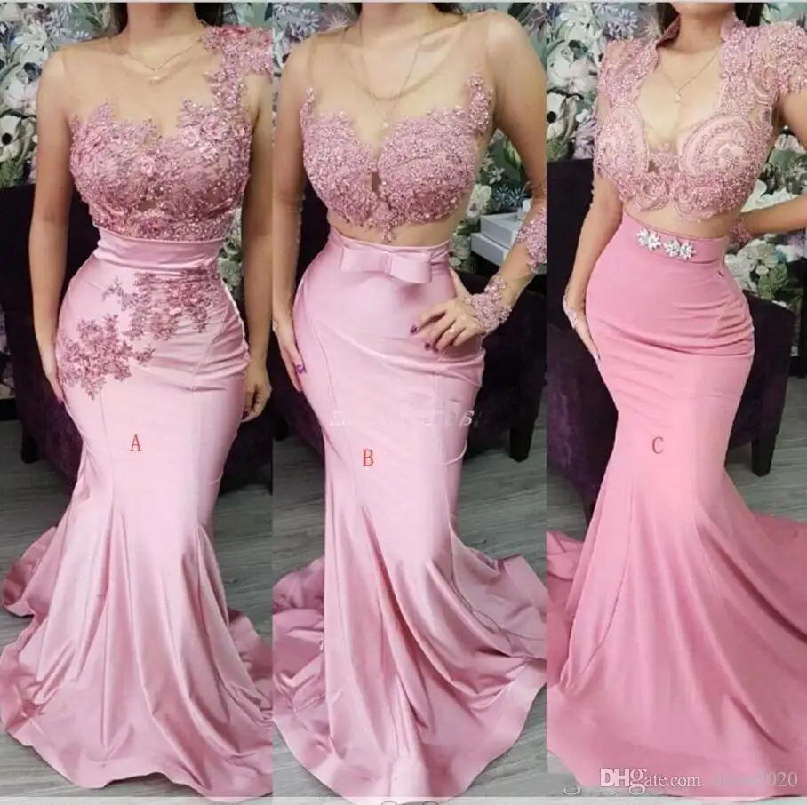 

Fashion Blush Pink Lace Satin Long Mermaid Prom Dresses Long Sleeve Junior Party Gowns Maid of Honor Dresses With Bow Evening