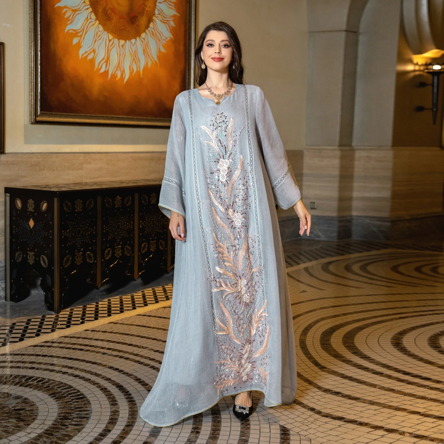 Luxury Middle Eastern Mesh Dress, Jalabiya Beaded Embroidered Dress, Islamic Fashion, Morocco, Arabian, Muslim