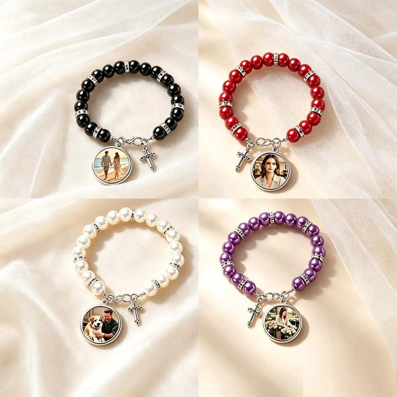 Custom Photo Beaded Bracelet with Cross Charm, Personalized Picture Round Pendant Bracelet, Memorial Jewelry Gift for  lovers