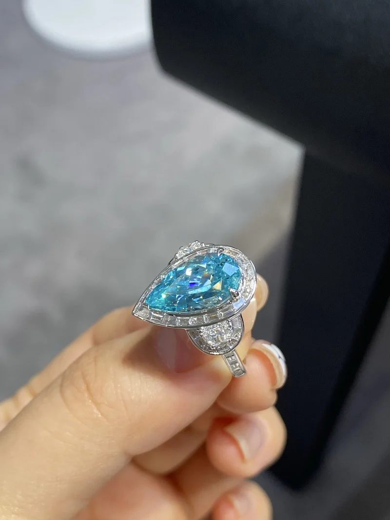 Ruif Mewah Disesuaikan Platinum Sekitar 7ct Lab Tumbuh Yag Paraiba Tourmaline Cincin untuk Wanita Jari Perhiasan Perak Pernikahan