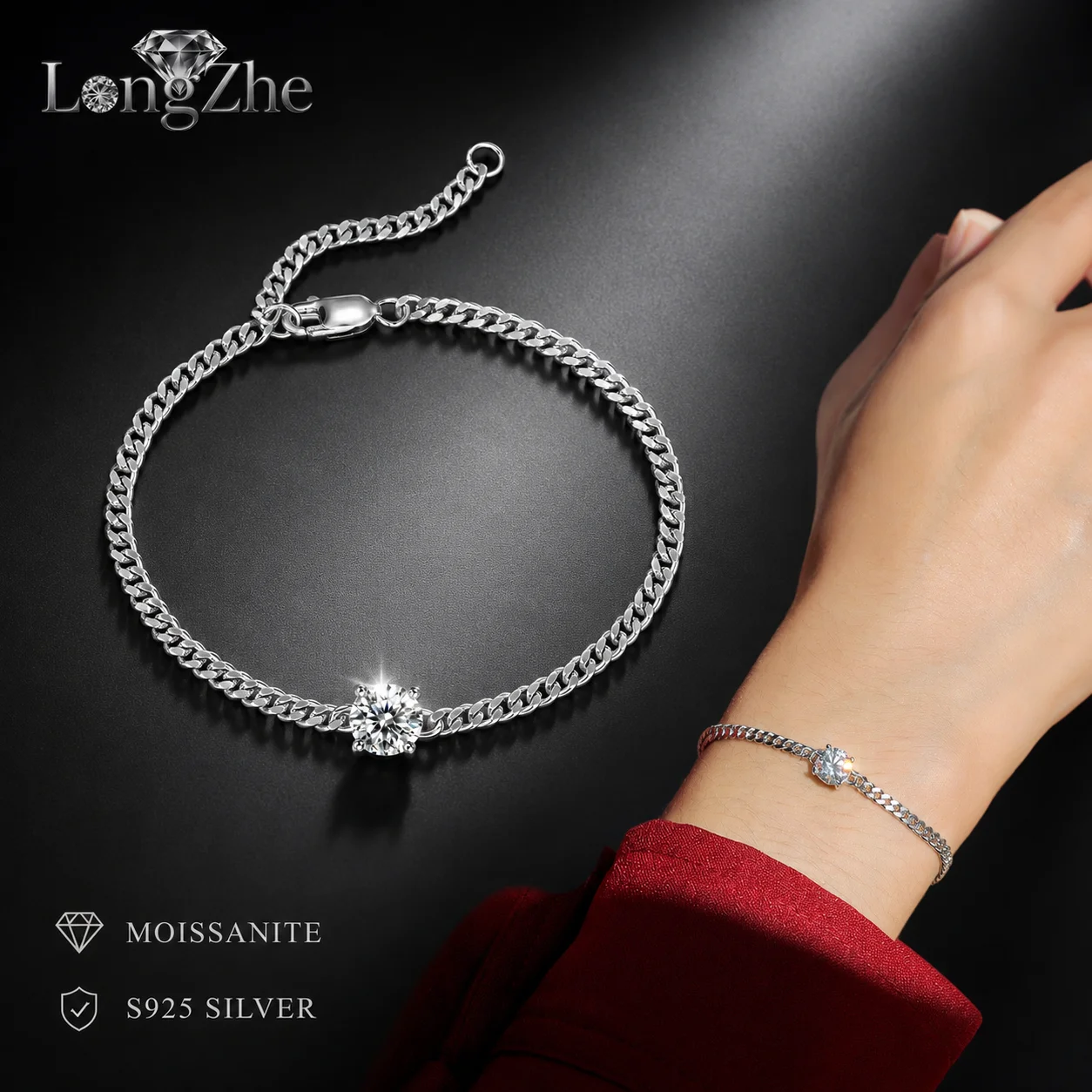 LongZhe Moissanite Bracelet S925 Sterling Silver 1CT Round Stone Cuban Chain Bracelet Light Luxury Daily Jewelry Gift for Women