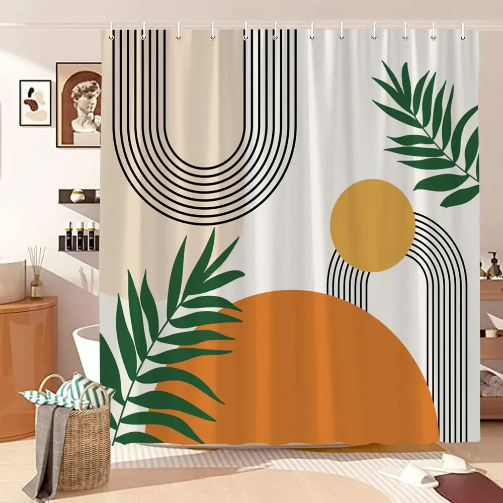 Minimalist Shower Curtain Medieval Colour Block Abstract Lines Gold Leaf Polyester Fabric Bath Curtain Bathroom Decor with Hooks