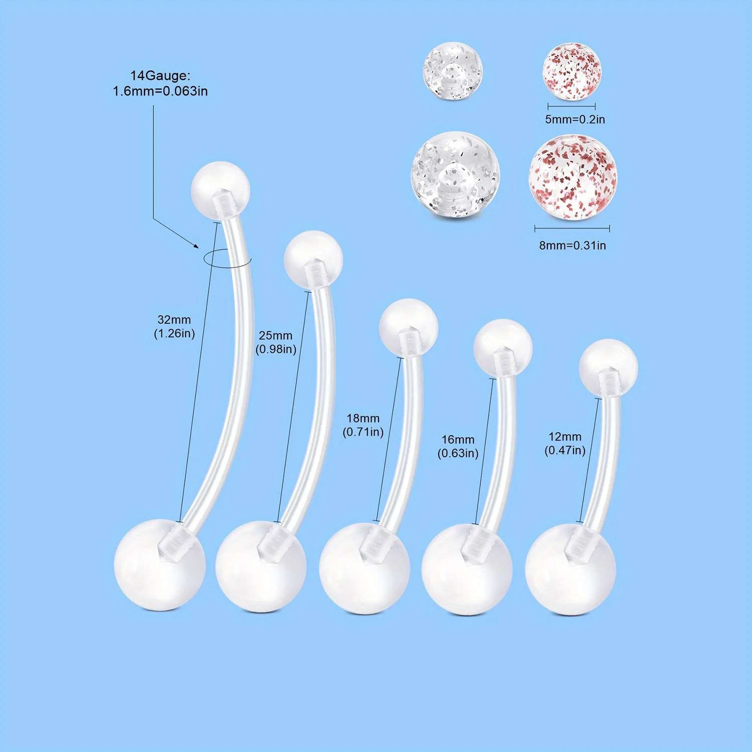 Flexible Clear Navel Rings ,Maternity Belly Piercing Jewelry Set with Synthetic Cubic Zirconia Balls, Plastic Belly Button Rings