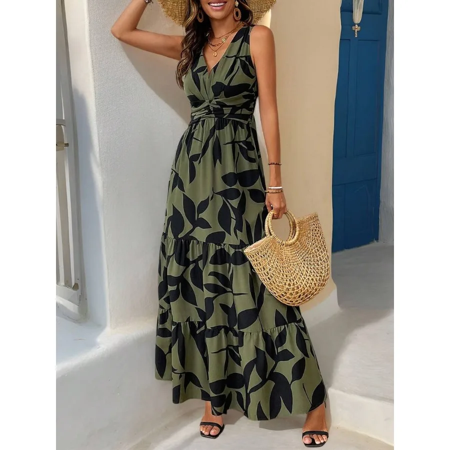 

【New style】Wandoria Women's V-Neck Sleeveless Dress With All-Over Print And Ruffled Hemline For Summer Maxi Vacation Beach Outf