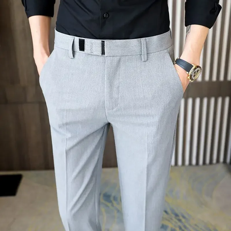 Male Suit Trousers 9 Cropped Work Tressed Office Men\'s Summer Pants Straight Slim Fit Social Tailoring Business Formal Vintage