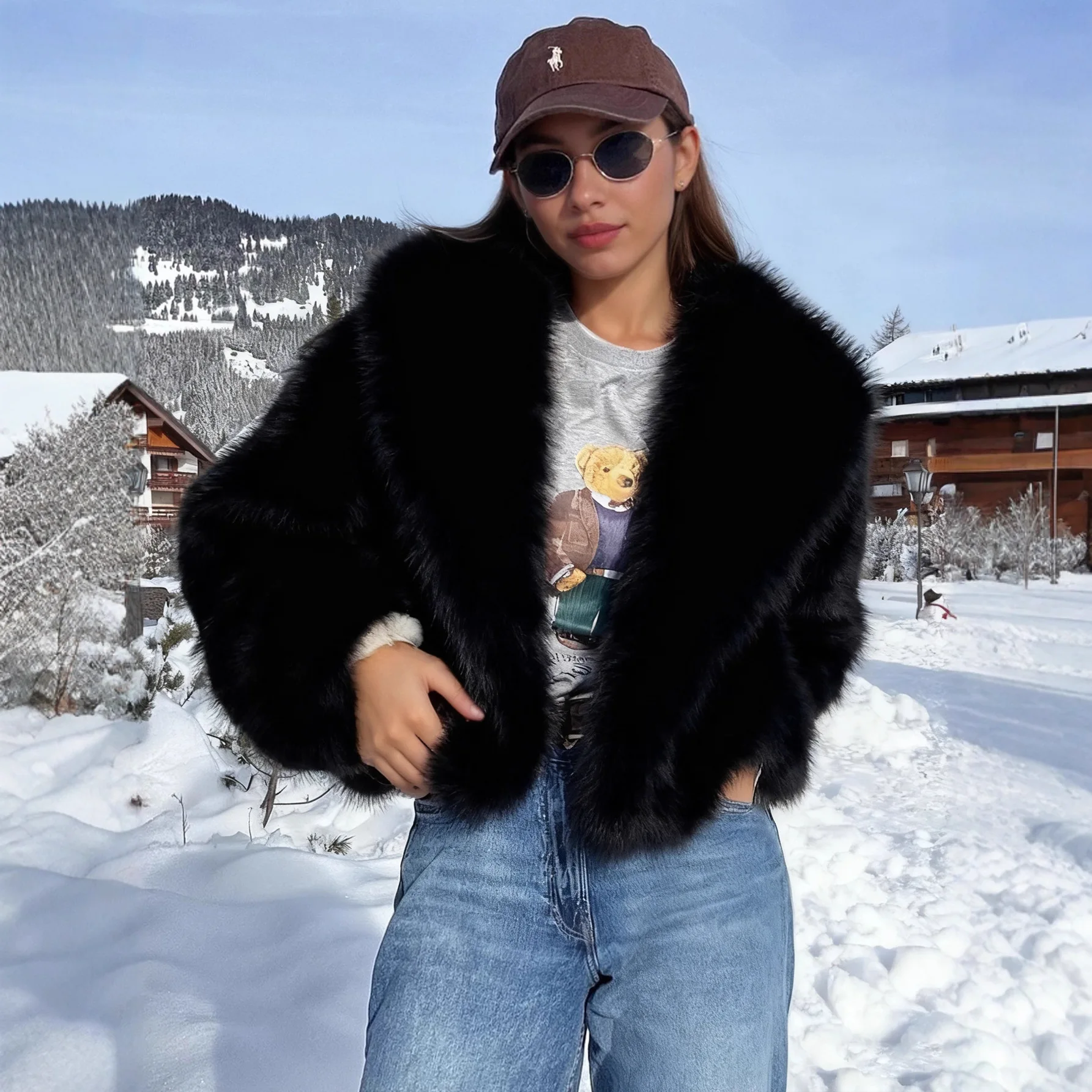 2025 Autumn Winter New Black Lazy Style Turn Down Collar Faux Fur Plush Coat Women Loose Thick Warm Jacket