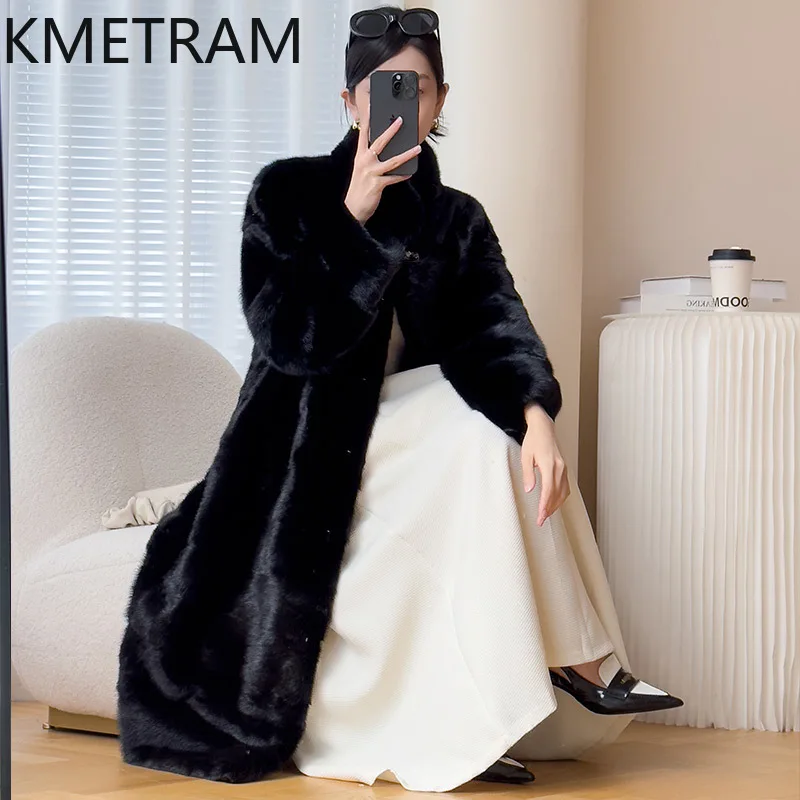 จริงทั้ง Mink FUR Coat ผู้หญิงหรูหราสีดํายาวเสื้อขนสัตว์คุณภาพสูงฤดูหนาวเสื้อผ้าผู้หญิง Furry แจ็คเก็ต 2025 