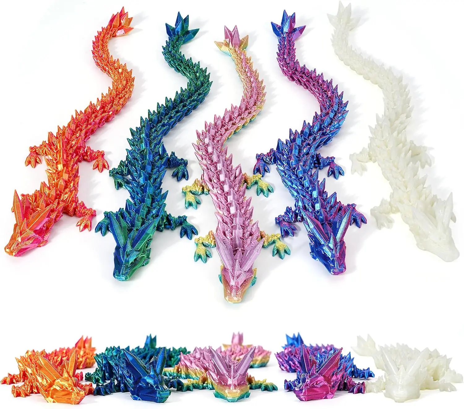 

3D Printed Crystal Dragon 12in 3Pcs – Basket Stuffers, Flex Articulated Fidget Toys for Autism/ADHD (Purple/Green/Red)