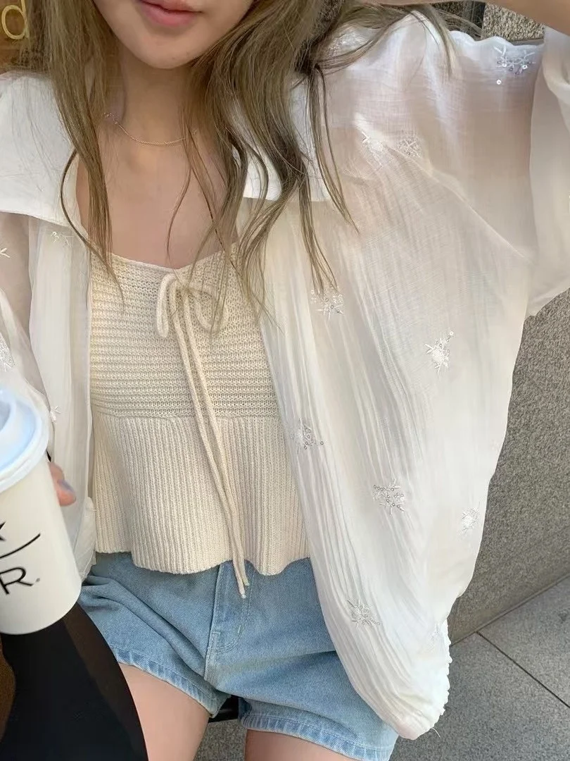 

Шикарный тонкий солнцезащитный топ для ранней осени, женский свободный крой, полупрозрачная молния, повседневный корейский топ с защитой от ультрафиолета