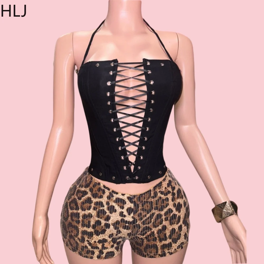 HLJ Black Sexy Y2K Streetwear Women Flower Hollow Out Bandage Tube And Sequin Leopard Shorts Two Piece Sets Fashion 2pcs Outfits