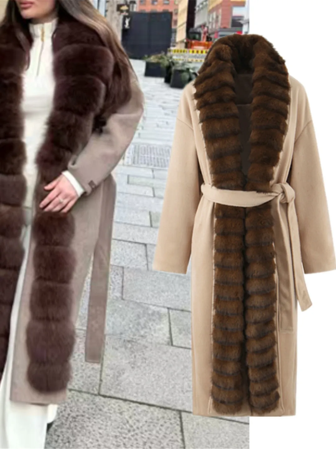 

Ele Long Woolen Coat with Large Fur Collar Splicing Design High Quali Faionable Outerwear for Women in Winter Season