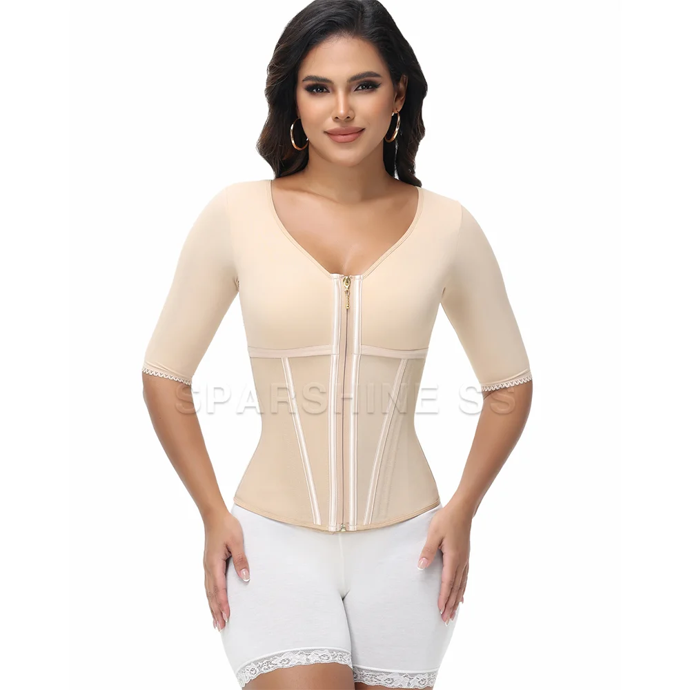 Women's Corset Tummy Control Sports Workout Hourglass Vest Waist Cincher with Mid Sleeves Postpartum Belly Band Gym