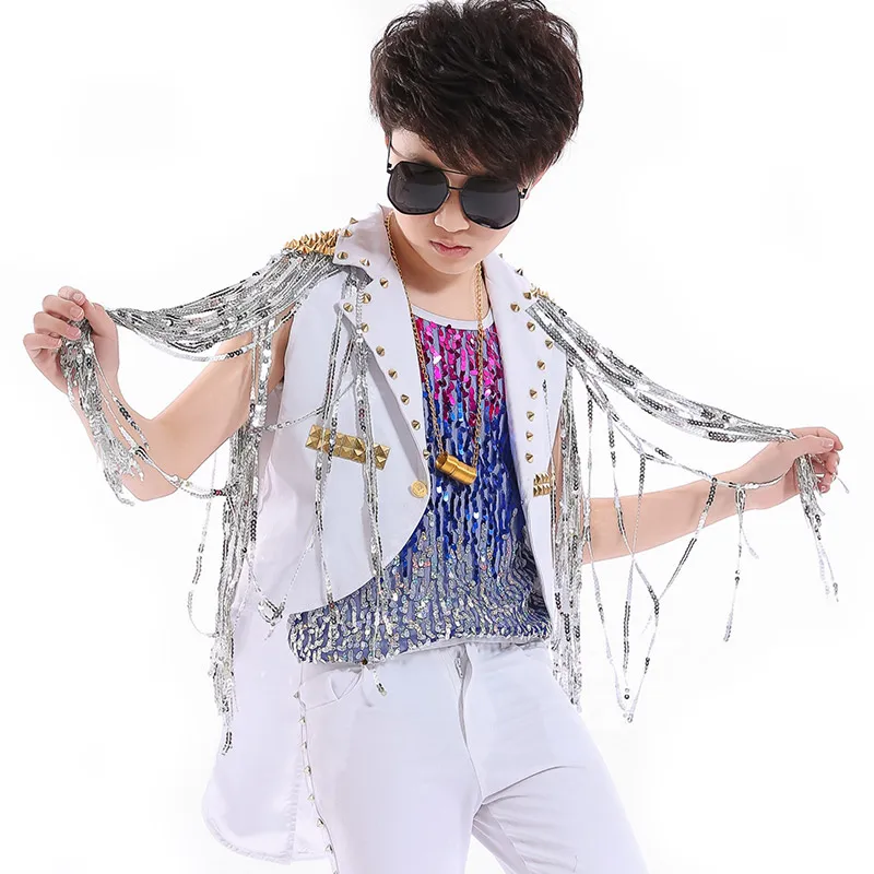 Sequin Dance Costume Jazz Stage Dancing Performance Wear Hip Hip Children Silver Tassel Shawl Jacket Color Vest Boys