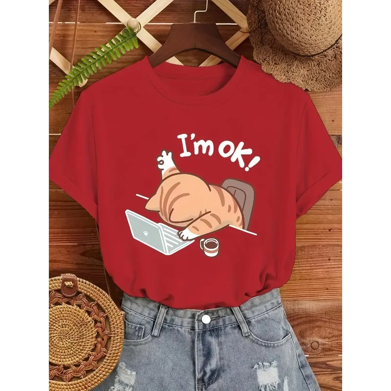 

Детская футболка I'm Ok Summer с забавным принтом лежащего кота, мужская и женская футболка из чистого хлопка с круглым вырезом, для родителей и детей