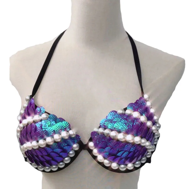 Colorful mermaid sequined bra adult swimwear pearl sequined bra summer beach vacation swimming cosplay bra can be customized