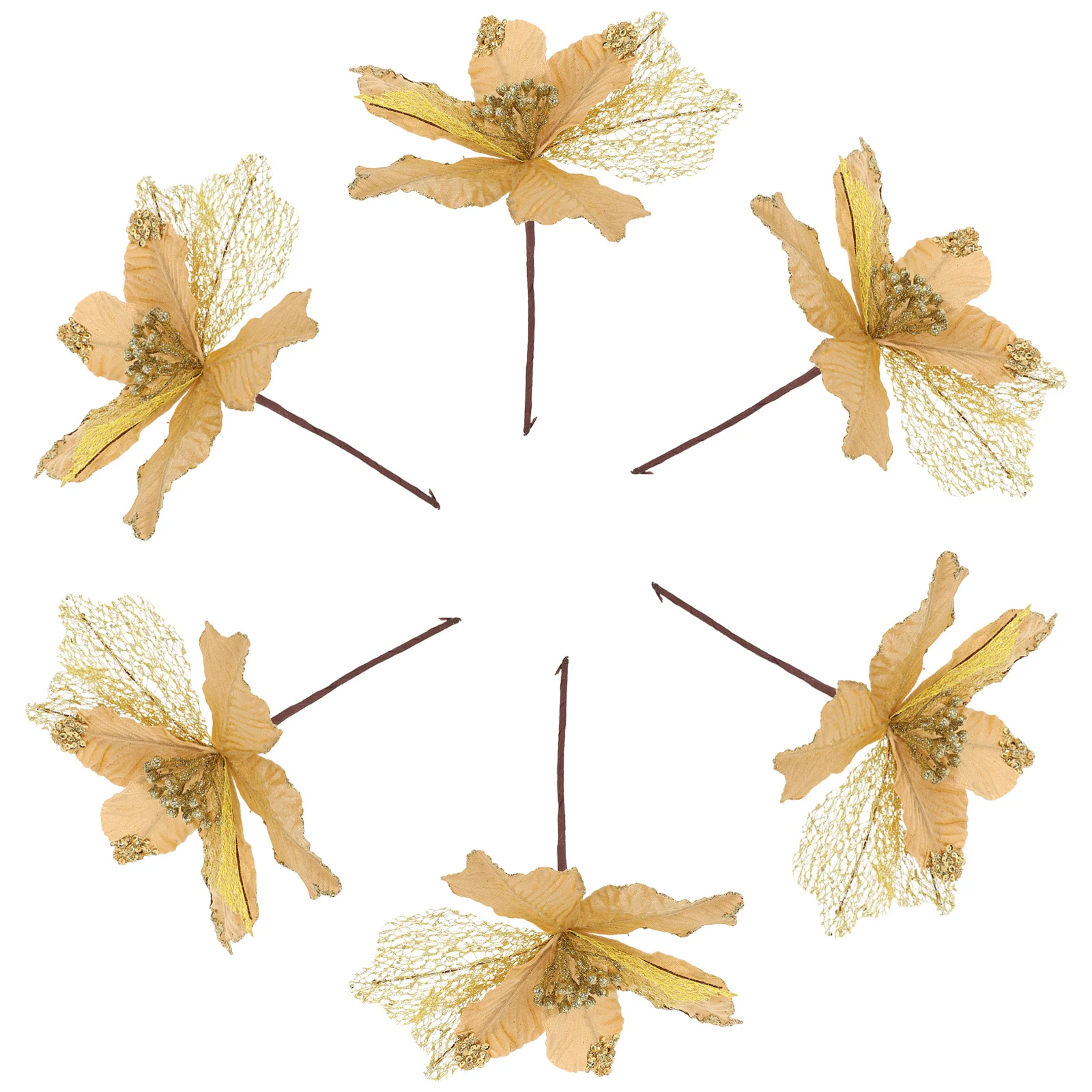 

6pcs Artificial Glitter Picks Christmas Poinsettia Flowers Stems For Vase Diy Holiday Decorative Branches Wreath Fake Leaves