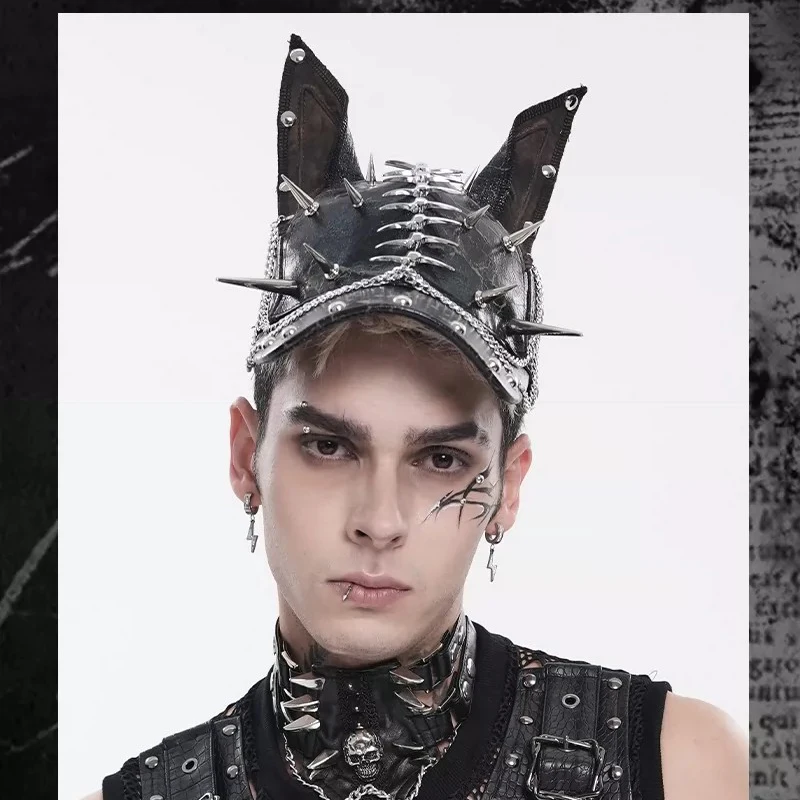 Punk Doberman Ears Baseball Cap, Cracked Faux PU Leather Hat With Mixed‑Length Metal Spikes, Y2K Goth Streetwear Cosplay Peaked