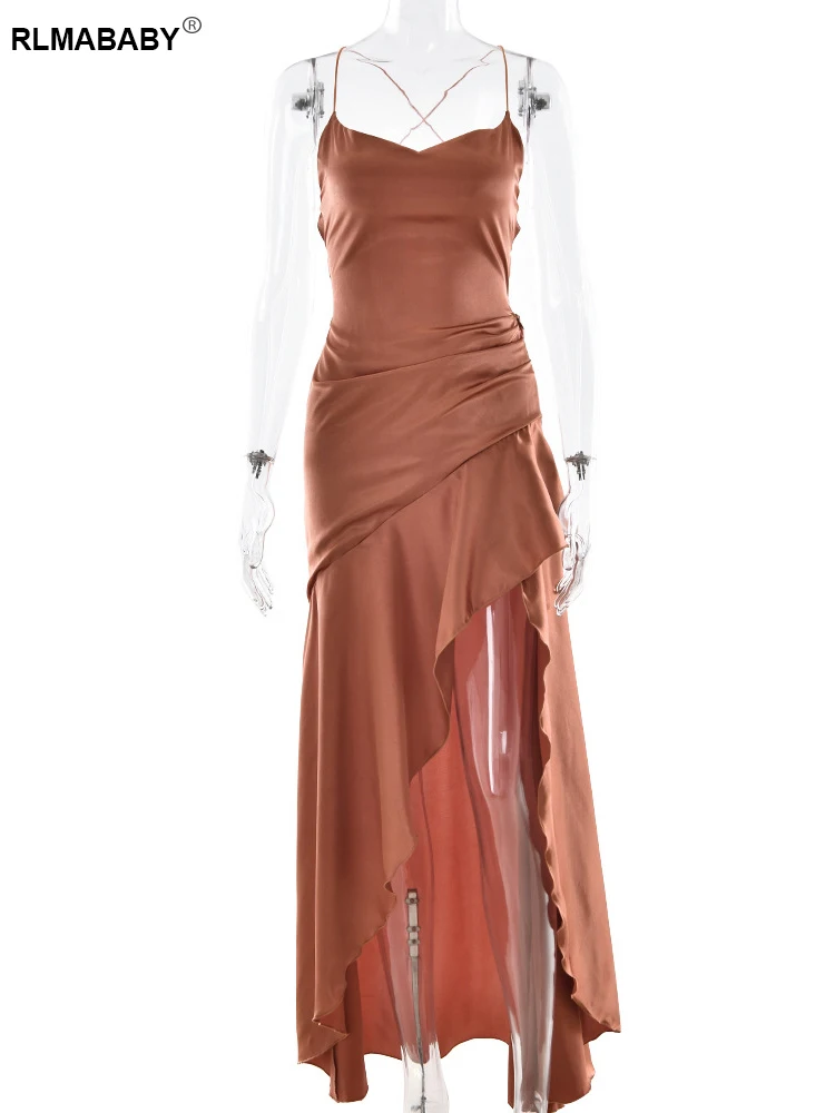 RLMABABY 섹시한 파일 칼라 백리스 프릴 Bodycon 롱 드레스 여성 스파게티 스트랩 민소매 허벅지 하이 스플릿 맥시 드레스 가운