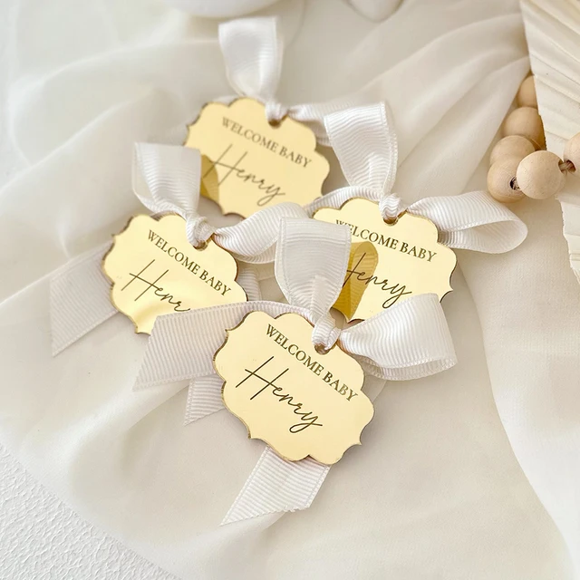 50 sztuk niestandardowych przywieszek z imieniem Baby Shower Favors, akrylowe przywieszki, logo z literą nazwy, dziękuję miejsc, przywieszka na prezent Baby Shower