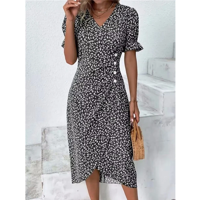 Ruched Button Irregular Elegant Party Dresses for Women Summer Fashion Floral Print V Neck Short Sleeve Slim Midi Dress Vestidos