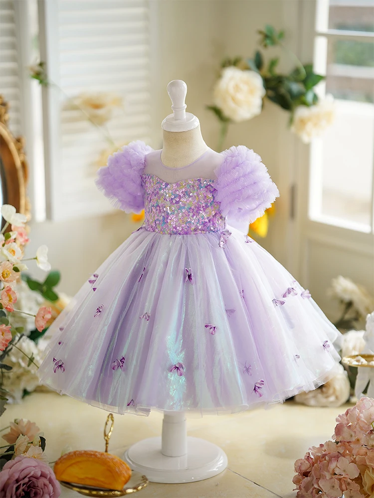 Vestito per bambini vestito da principessa a farfalla viola vestito da bambina con paillettes alla moda con gonna soffice per bambina vestito per